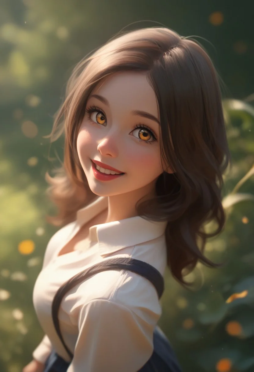score_9,score_8_up,score_7_up,score_6_up, girl, 22 years old, amber eyes, red lips, bushy brown hair, wearing a school girl uniform, 1 girl, standing, happy, from above, looking at viewer, lush garden background, cinematic colors, cinematic light, bokeh, xaxaxa 1_style