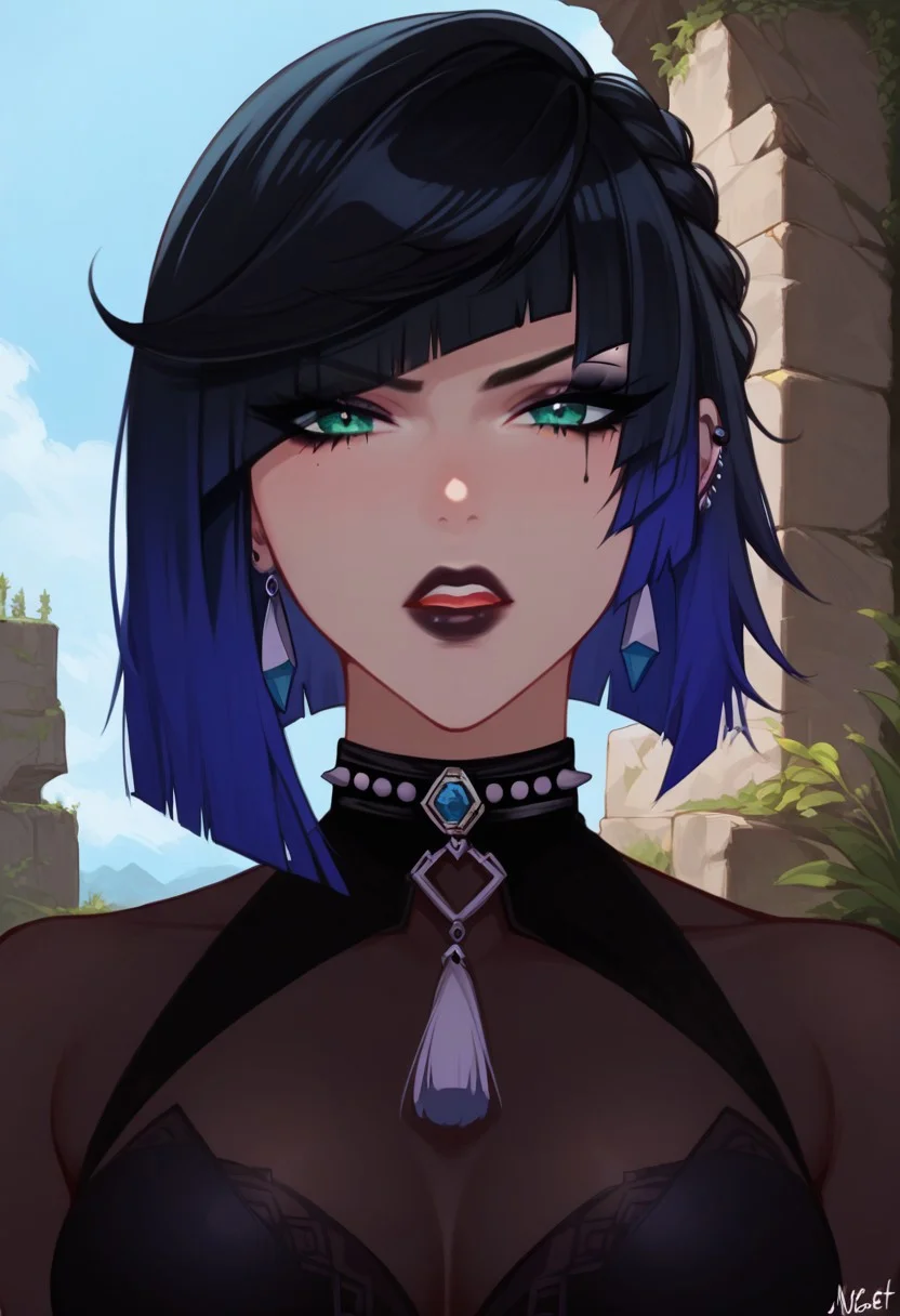 score_9,score_8_up,score_7_up,score_6_up,score_5_up,score_4_up, source_anime, good_hands, digital art, female portrait, close up, anime illustration, high-resolution, 1girl, GothicC, 1girl, woman, yelanXL, multicoloured hair, makeup, lipstick, mascara, black nails, tattoo, chocker, necklace, black chocker, sexy goth girl, nsfw, black skirt, waist high skirt, indoors, disgusted face, looking at viewer detailed texture, emotional depth, Expressiveh, outdoors, cliffs, landscape, dramatic mood, serene atmosphere, cinematic lighting,