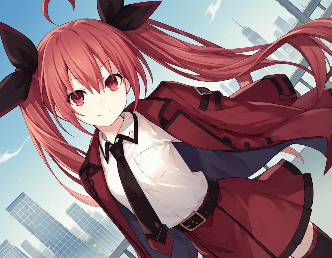 score_9, score_8_up, score_7_up, source_anime,
kotoriitsuka, <lora:kotori-itsuka-lightnovel-ponyxl-lora-nochekaiser:1>,
kotori itsuka, long hair, red eyes, twintails, very long hair, red hair, ahoge, ribbon, hair ribbon,
skirt, shirt, thighhighs, school uniform, jacket, white shirt, necktie, belt, black thighhighs, zettai ryouiki, red skirt, jacket on shoulders, red jacket,
outdoors, cityscape, bent over, smile,
looking at viewer, solo, cowboy shot, dutch angle,