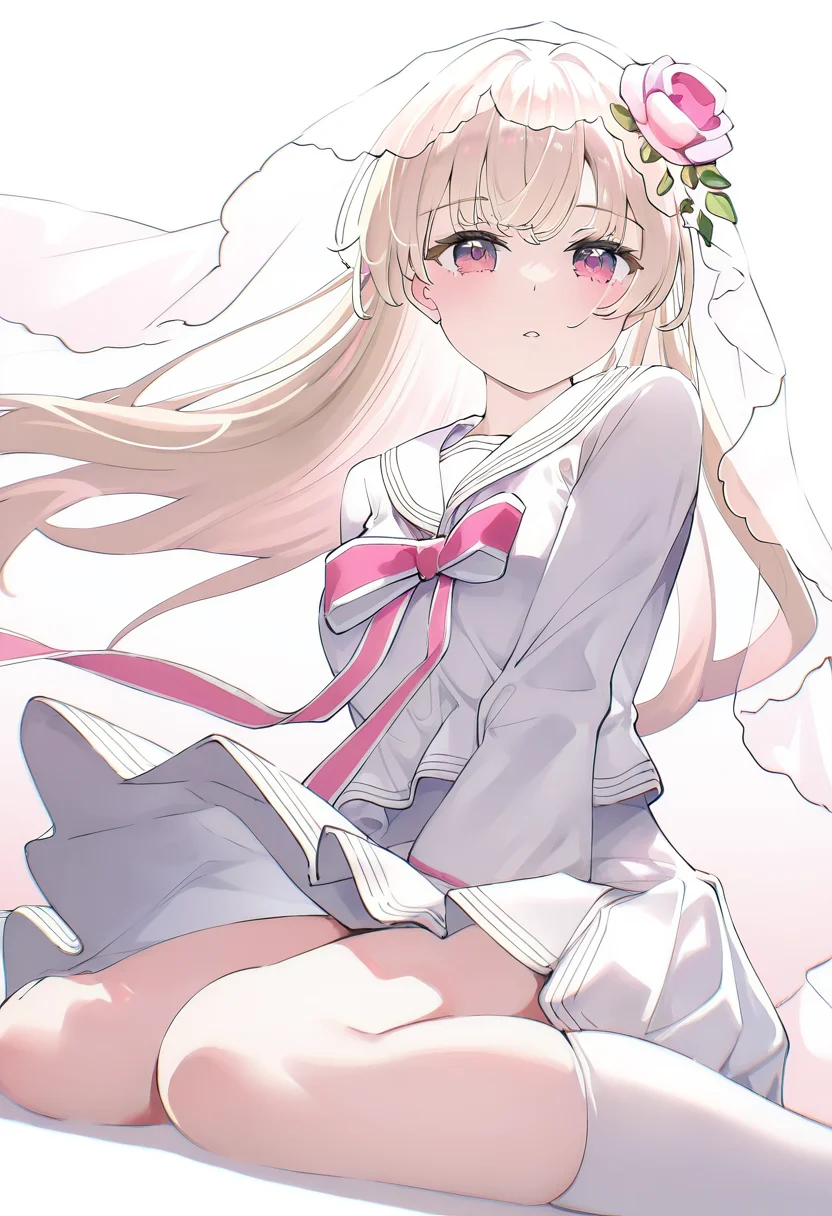 masterpiece,best quality,newest,very aesthetic,absurdres,highres,newest,year 2024,year 2023,artist:konya_karasue,artist:hoji(hooooooooji1029),michiking,artist:ningen_mame,mignon,[artist:kani_biimu],artist:ogipote,artist:sy4,noyu_(noyu23386566),zero,<lora:zero_hikari:1>,hikari \(arcaea\),1girl,long hair,veil,pink eyes,bare legs,hair flower,bowtie,school uniform,sailor collar,bow,shirt,
wariza,sitting,wind lift,wind,floating hair,leaf,