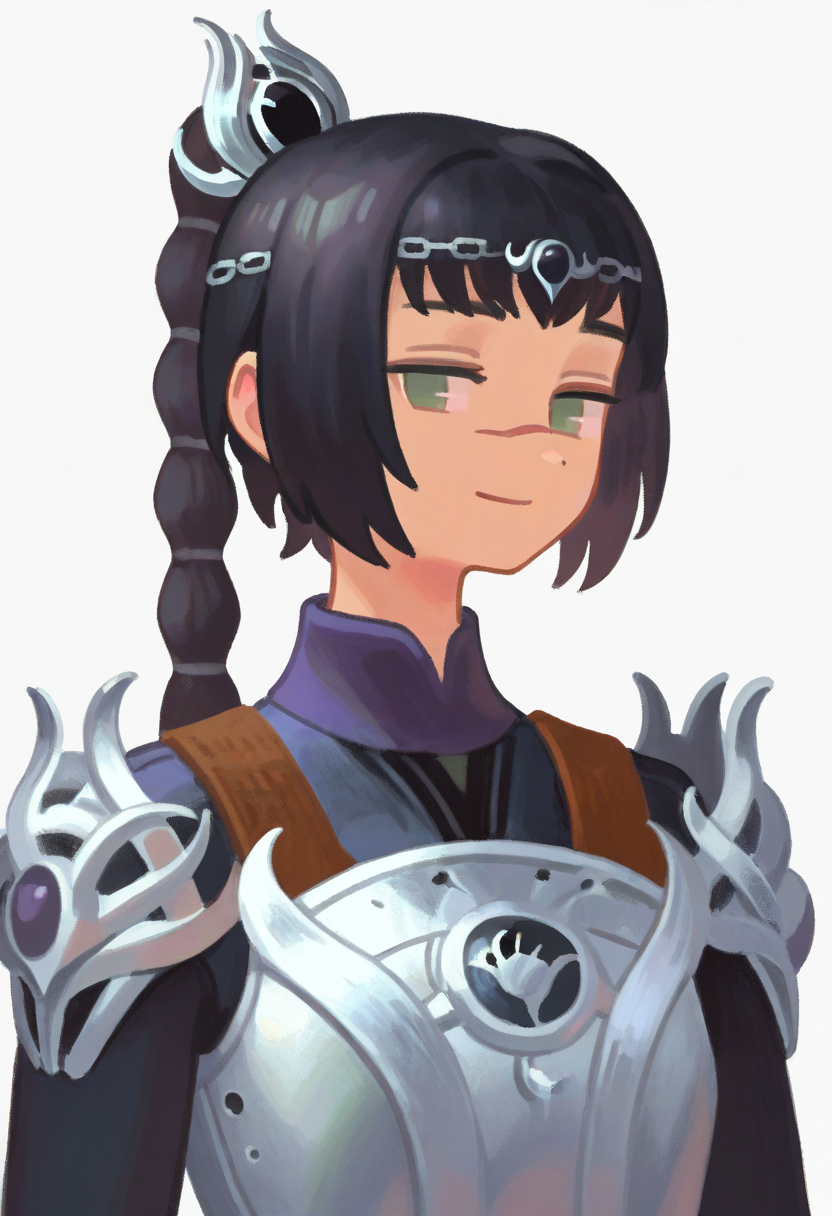 best quality, amazing quality, very aesthetic, absurdres,
BREAK
1girl, solo, shadowheart, black hair, braided ponytail, green eyes, scar on face, circlet, armor,
smile, looking at viewer, upper body, simple background, white background, <lora:ShadowHeartIllustrious_byKonan:0.8>,  <lora:MujiNoob_byKonan:1>