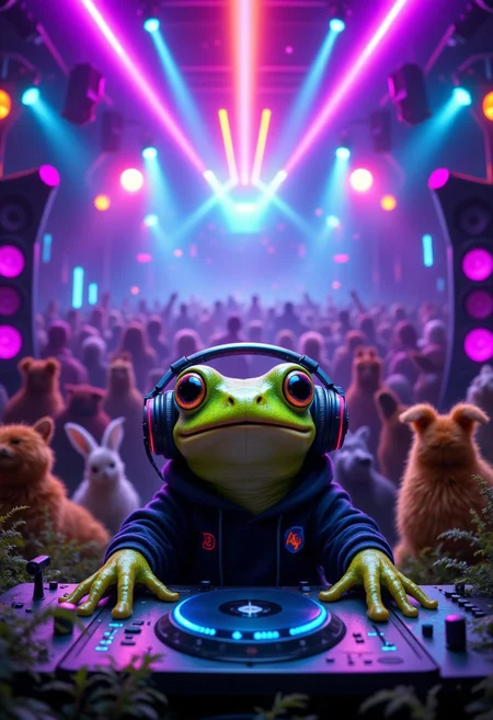 ,A fantastical and surreal scene featuring a cute little frog DJ that wears oversized rainbow colored headphones, perfectly perched on its head, and a black hoodie with neon accents, spinning music that seems to electrify the crowd. The stage is a mix of urban nightclub and wild savanna, with flashing neon lights blending seamlessly with natural elements like tall grass and acacia trees. In the background, a lively audience of animals, from house pets like dogs and rabbits to jungle creatures like zebras and giraffes, dances under a canopy of glowing, multicolored lights. Smoke machines, lasers, and pulsating speakers enhance the dynamic atmosphere, the text "DJ Froggy in the house !" is prominently displayed , aidmafluxpro1.1