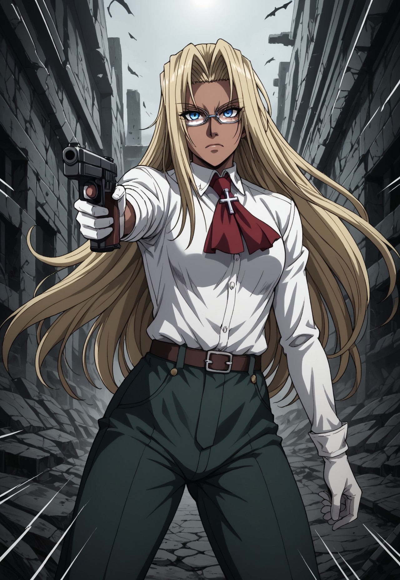 masterpiece,best quality,amazing quality, IntegraHellsing, 1girl, solo, blonde hair, very long hair, dark skin, blue eyes, partially opaque glasses, red ascot, cross, white shirt, white gloves, green pants, emphasis lines, ruins, dawn, dynamic pose, perspective, weapon, gun, handgun, holding, holding gun, pointing at viewer, angry, floating hair, cowboy shot