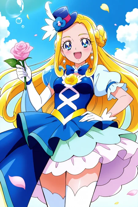 <lora:Mahoutsukai_Precure:1>, Mahoutsukai_Precure, 1girl, asymmetrical sleeves, flower, gloves, white gloves, smile, mini hat, rose, frilled sleeves, solo, hat, looking at viewer, frills, hair bun, bow, open mouth, single side bun, frilled gloves, short sleeves, hand on own hip, hair ornament, blue skirt, skirt, cross-laced clothes, petals, pink rose, bubble, sky, yellow flower, cowboy shot, outdoors, day, pink flower, puffy sleeves, bowtie, dutch angle, blue sky, blue headwear, hair flower, shirt, single hair bun, blue bow, puffy short sleeves, earrings, cloud, asymmetrical clothes, single sleeve, jewelry, frilled skirt, top hat, feathers, holding, white thighhighs, falling petals, braid, asymmetrical gloves, :d, thighhighs, half updo, breasts, mini top hat, cross-laced top, standing, blue shirt, blush, tilted headwear, uneven sleeves, yellow rose, blue bowtie, blue flower