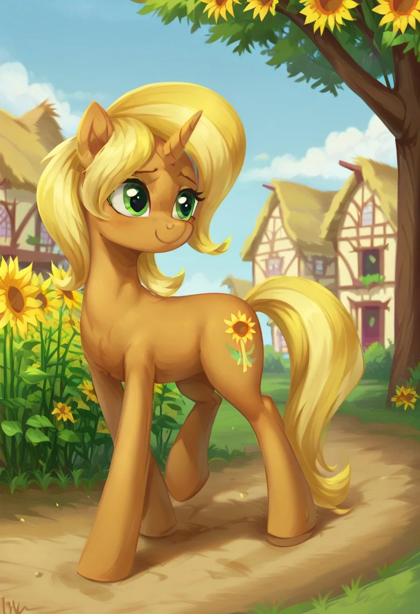 score_9, score_8_up, score_7_up, score_6_up, score_5_up, score_4_up, derpibooru_, my little pony, (sunflower spectacle), ((feral pony)), 1girl, ((solo)) (cute pony face), (ponyville background:1.5), (yellow butterflies:1.5), (unicorn pony), (looking at each other), (soft smile), (detailed yellow hair:1.2), (green eyes:1.2), (walking on grass:1.5), (sunflowers everywhere:1.5), bright blue sunny sky