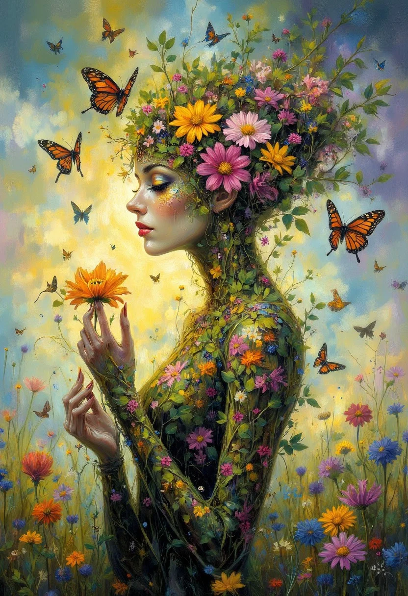 A surrealist painting of a woman whose body is made of blooming flowers and vines. Her skin is textured with painterly strokes of petals and leaves, and her eyes glow softly like dewdrops reflecting sunlight. Butterflies flutter around her as she stands in a dreamlike meadow, blending seamlessly into the vivid, painterly background of swirling colors and light.