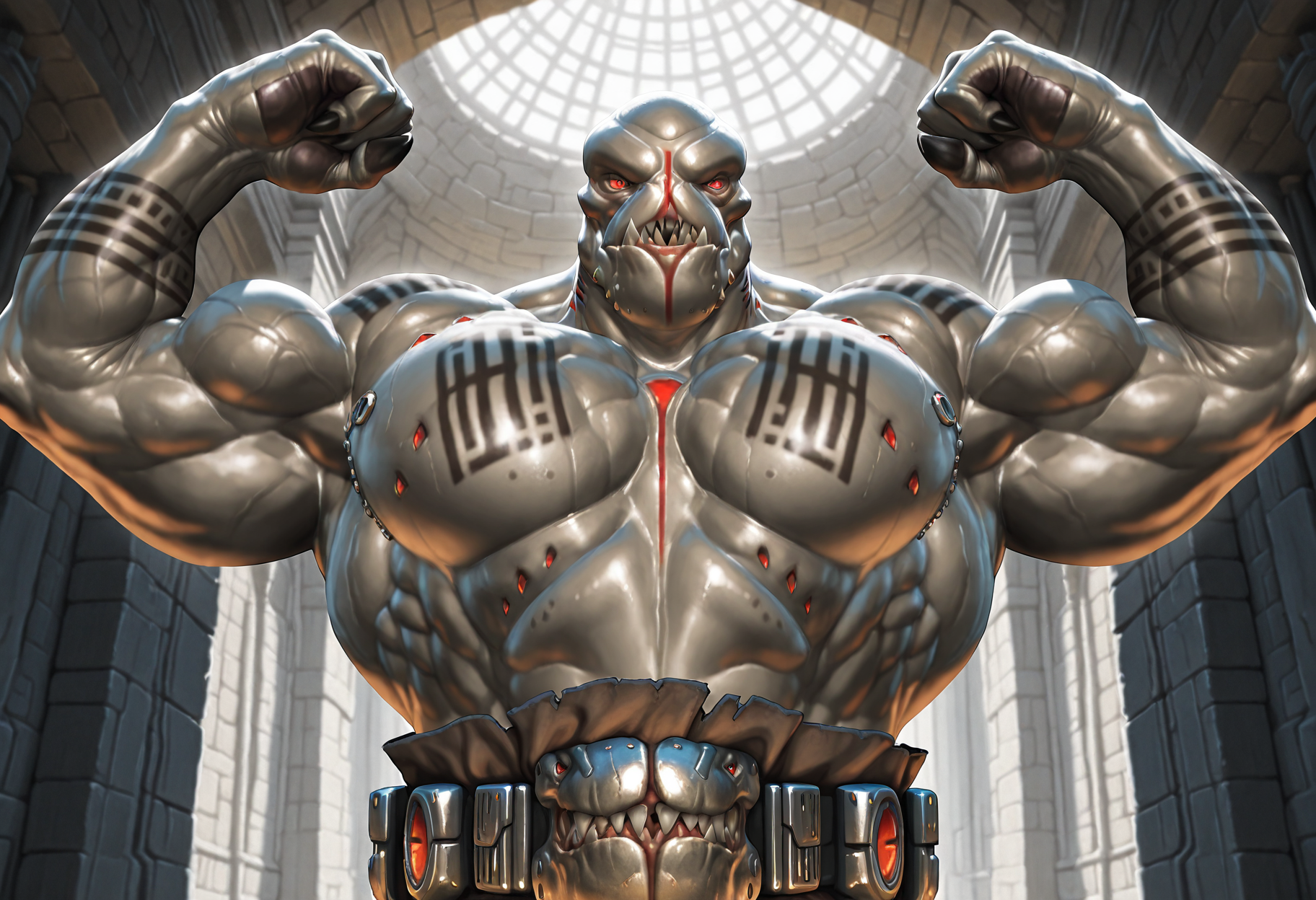 masterpiece, amazing quality, best quality, KhemValSW, 1boy, solo, alien, grey skin, cybernetics, sharp teeth, tattoo, red eyes, slit pupils, bald, muscular, big pecs, naked, ancient tomb, belt, flexing,low angle, upper body <lora:Khem_Val_Star_Wars_the_Old_Republic:.85>