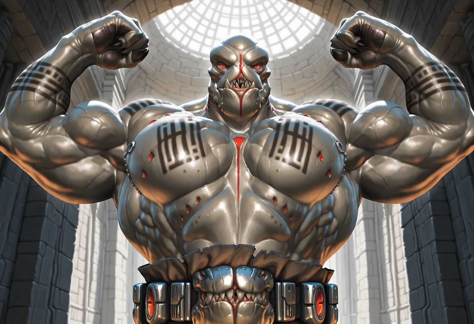 masterpiece, amazing quality, best quality, KhemValSW, 1boy, solo, alien, grey skin, cybernetics, sharp teeth, tattoo, red eyes, slit pupils, bald, muscular, big pecs, naked, ancient tomb, belt, flexing,low angle, upper body <lora:Khem_Val_Star_Wars_the_Old_Republic:.85>