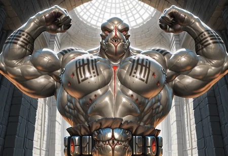 masterpiece, amazing quality, best quality, KhemValSW, 1boy, solo, alien, grey skin, cybernetics, sharp teeth, tattoo, red eyes, slit pupils, bald, muscular, big pecs, naked, ancient tomb, belt, flexing,low angle, upper body <lora:Khem_Val_Star_Wars_the_Old_Republic:.85>