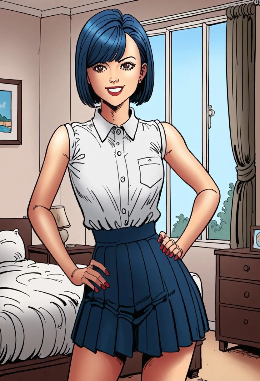 score_9, score_8_up, score_7_up, score_6_up,  (chiaroscuro lighting)  source_cartoon, cartoon, (f3rn4nd0:1.3), (line art).  BREAK. 
asian woman, adult woman, short hair, brown eyes, blue hair, swept bangs, bob cut, beautiful woman, skinny body, petite stature, very thin thighs, thigh gap, sexy, face focus, cute face, very detailed facial features, perfect nose, extremely detailed eyes, extremely detailed iris, very small breasts, tight shirt,
white collared shirt, sleeveless shirt, short black pleated skirt, black pantyhose, 
smiling, looking at viewer, one hand on hips, 
Background(bedroom,);
solo
