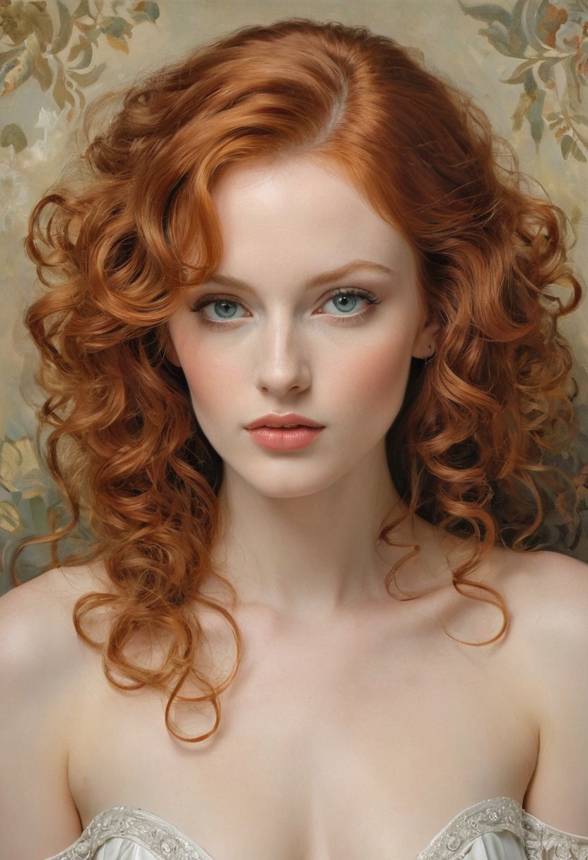 A striking extremely realistic image of a beautiful redhead woman light gray eyes, extremely white skin, medium tits, capturing the essence of an elegant and magnificently proportioned Parisian socialite. Inspired by the masterful works of John Singer Sargent, Alphonse Mucha, Klimt and Vincent Van Gogh, this portrait exudes artistic brilliance. The seductive beauty of the model is evident in her delicate features, impeccably rendered by the artist. intricate details, from the cascading curls of her lustrous hair to the mesmerizing depth of her enchanting eyes. Vibrant color brings to life her radiant complexion, accentuating the subtle contours of her face. This captivating masterpiece captivates viewers and serves as a testament to the timeless charm and grace of the Parisian elite.