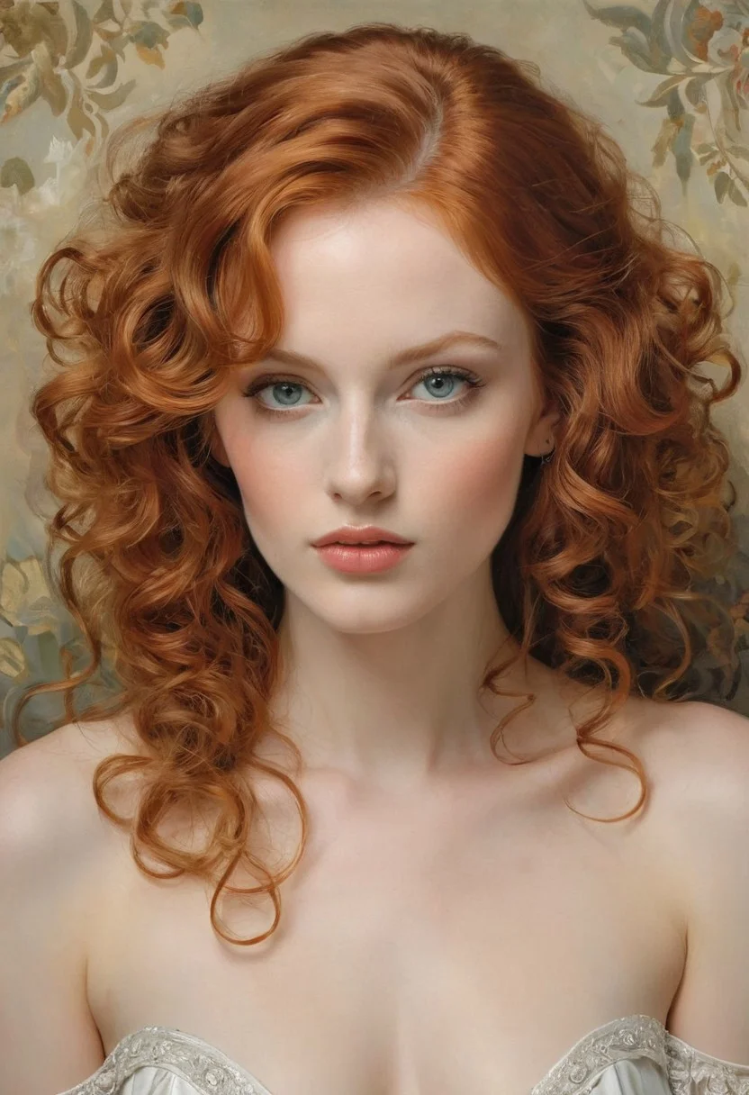 A striking extremely realistic image of a beautiful redhead woman light gray eyes, extremely white skin, medium tits, capturing the essence of an elegant and magnificently proportioned Parisian socialite. Inspired by the masterful works of John Singer Sargent, Alphonse Mucha, Klimt and Vincent Van Gogh, this portrait exudes artistic brilliance. The seductive beauty of the model is evident in her delicate features, impeccably rendered by the artist. intricate details, from the cascading curls of her lustrous hair to the mesmerizing depth of her enchanting eyes. Vibrant color brings to life her radiant complexion, accentuating the subtle contours of her face. This captivating masterpiece captivates viewers and serves as a testament to the timeless charm and grace of the Parisian elite.