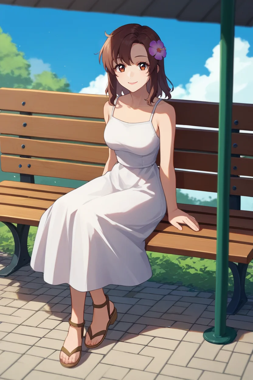 score_9, score_8_up, score_7_up, score_6_up, source_anime, BREAK 1girl, solo, <lora:murrue-pdxl-nvwls-v1-000005:1> murrue ramius, brown hair, white sundress, looking at you, sitting, bench, sandals, smile, blue sky, hair flower, medium breasts