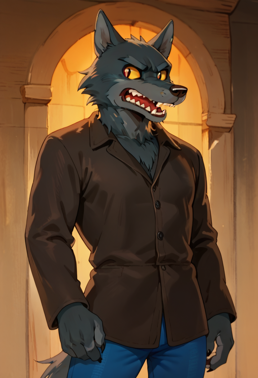 score_9, score_8_up, score_7_up, w0lf, 1boy, solo, male focus, furry, wolf, yellow sclera, grey fur, sharp teeth, brown shirt, blue pants, cowboy shot,