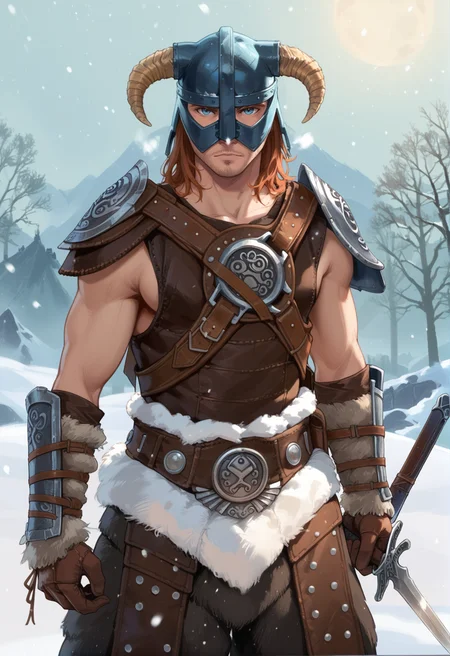(score_9:0.9),score_8_up,score_7_up,rating_safe,anime style,(zPDXL),<lora:Dovahkiin Armor ponyXL v1.5:0.74>,dovahkiin armor, dual wielding, solo, 1boy, male focus, weapon, snowing, snow, dagger, sword, shoulder armor, looking at viewer, horned helmet, brown gauntlets