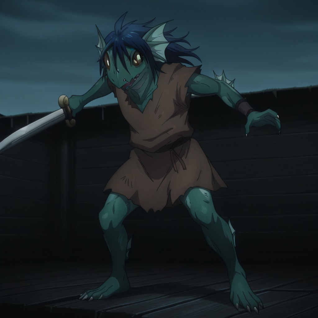 masterpiece, best quality, amazing quality, FishmanslfIL, anthro, green skin, blue hair, head fins, black sclera, yellow eyes, torn clothes, brown tunic, outside, holding sword, full body, <lora:ce1f8862-3957-4510-b979-c5467e23062c:1.0>