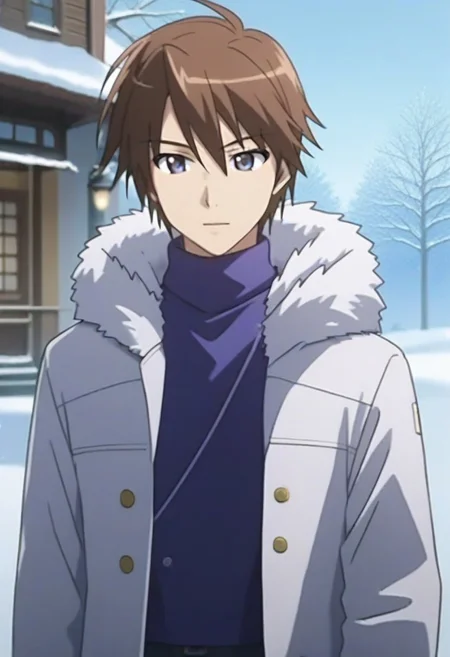 ((masterpiece)), ((best quality)), ((ultra-detailed)), ((absurdres)), score_9_up, score_8_up, score_7_up,
HD, top quality, best quality, amazing quality, High-quality illustrations, anime screencap, source_anime, best aesthetic, perfect proportions, perfect eyes, 1boy, 1male, solo boy, solo male, male focus, solo male focus, Anime, boy, male anime character, anime boy, handsome, cute, charming, Keisaku Satou, brown hair, purple-blue eyes, white long sleeve open jacket, turtleneck shirt, ((winter, snow, outside)), ((cowboy shot, head to hips shot)), easynegative, updn, Expressiveh, masterpiece, best quality, very aesthetic, absurdres