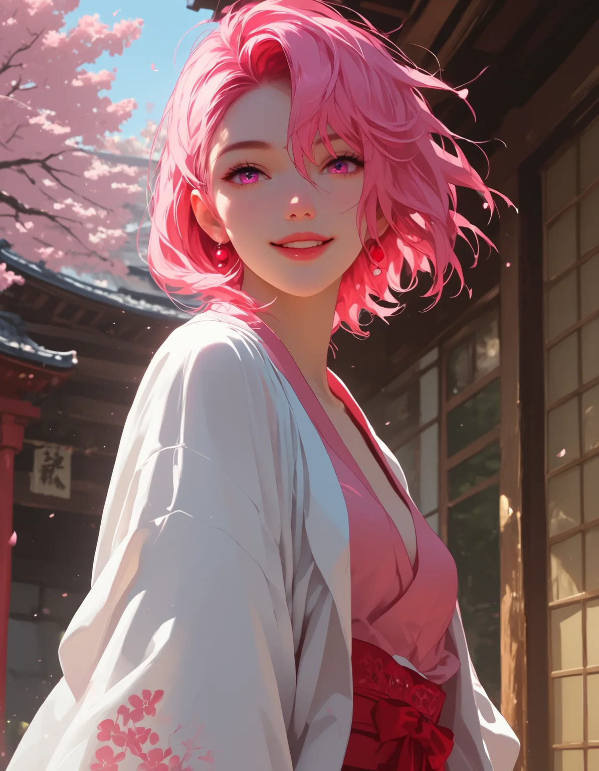shiratori aira,dandadan, pink hair, short hair, small breasts, pink eyes,
zPDXLxxx, Expressiveh,
score_9, score_8_up, score_7_up, score_6_up, source_anime,
amazing quality, very aesthetic, absurdres, newest, anime coloring, flat color,
masterwork, dynamic pose, dynamic angle, (realistic:1.2), (lineless:1.2), detailed, depth of field, dynamic lighting,
masterpiece, best quality, highly detailed, dynamic view,
masterpiece, best quality, highly detailed,
1girl, 21 year old girl, petite, slim waist, natural skin, bubble butt, wide hips, natural breasts, close up, walking in a japanese garden, pov, view from below, exposing kimono, smile, content, happy, looking down at viewer, beautiful background, japanese dojo, cherry blossoms, kimono with sakura blossom on it,