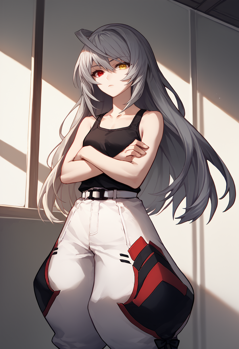 score_9, score_8_up, score_7_up, source_anime, solo, 1girl, laurab0dewig, expressionless, looking at you, standing, crossed arms, grey hair, ahoge, heterochromia, red eyes, yellow eyes, black tank top, white pants, baggy pants, white belt, bare shoulders, indoors <segment:yolo-face_yolov8m.pt>