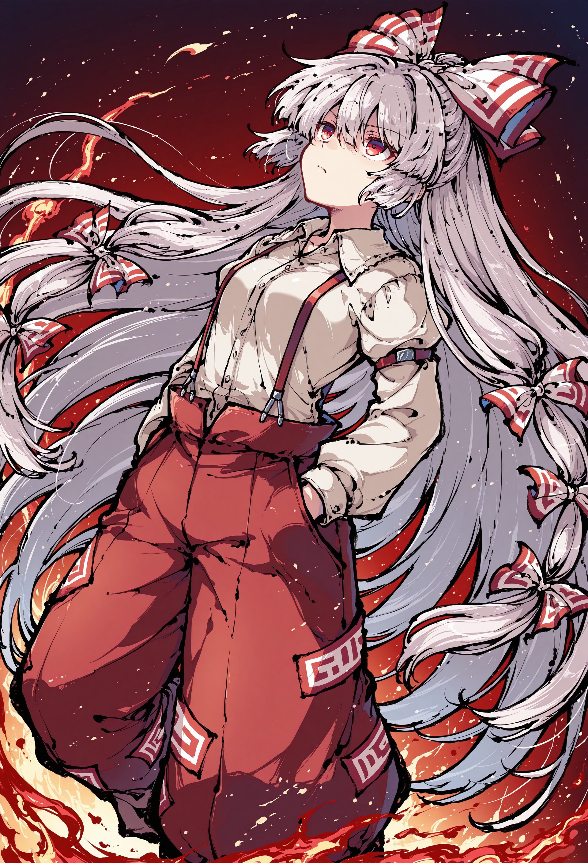 safe_pos, source_anime, high res image, masterpiece, perfect quality, best quality, newest, absurdres, highres, ultra detailed face, detailed eyes, tokiame, ink, sdxl_lightning_4step_lora_rank1, HDR, 1girl, solo, Fujiwara no Mokou, red eyes, hair between eyes, grey hair, hair bow, hair ribbon, long hair, very long hair, white hair, bow, suspenders, white shirt, shirt, long sleeves, pants, white bow, red pants, ofuda on pants, collared shirt,
looking up, leaning backwards, unhappy, surrounded by flames, accurate anatomy, amazing composition,
dynamic angle, dynamic pose, hands in pocket,
simple white background