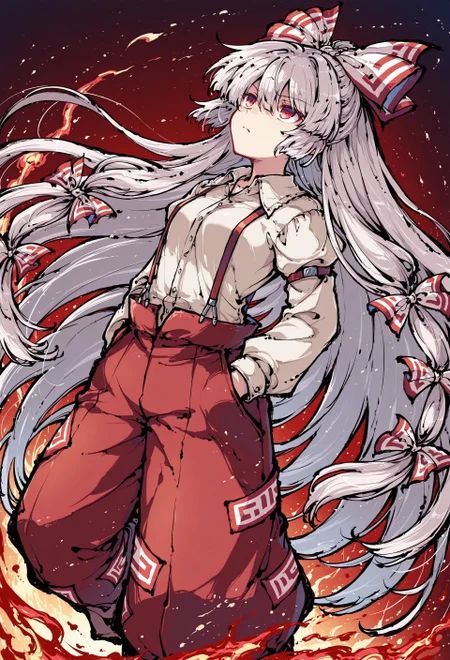 safe_pos, source_anime, high res image, masterpiece, perfect quality, best quality, newest, absurdres, highres, ultra detailed face, detailed eyes, tokiame, ink, sdxl_lightning_4step_lora_rank1, HDR, 1girl, solo, Fujiwara no Mokou, red eyes, hair between eyes, grey hair, hair bow, hair ribbon, long hair, very long hair, white hair, bow, suspenders, white shirt, shirt, long sleeves, pants, white bow, red pants, ofuda on pants, collared shirt,
looking up, leaning backwards, unhappy, surrounded by flames, accurate anatomy, amazing composition,
dynamic angle, dynamic pose, hands in pocket,
simple white background