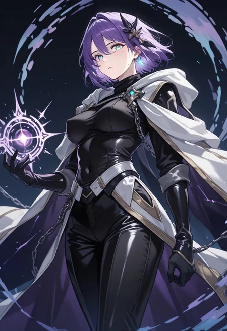 very aesthetic, high resolution, high quality, amazing quality, detailed, masterpiece, absurdres, score_9, score_8_up, score_7_up, epic background, (natural lighting, scenery), BREAK BREAK, (1girl, solo), woman, mature female, yishai_purple hair, yishai_teal eyes, short hair, hair ornament, glowing, vivid eye color, (beautiful eyes:1.2), (gradient iris, crisp iris edges), (looking_at_viewer), (black shirt, turtleneck, long sleeves, cape, gloves, chain, pants, leather shoes, magic magic circle, ball energy, floating ball energy), lean body, medium chest, (perky_breasts:1.2), medium breasts, fit body proportion, sweaty, wet sweat, wet body, wet hair, standing pose, fighting stance, half-body portrait, BREAK,