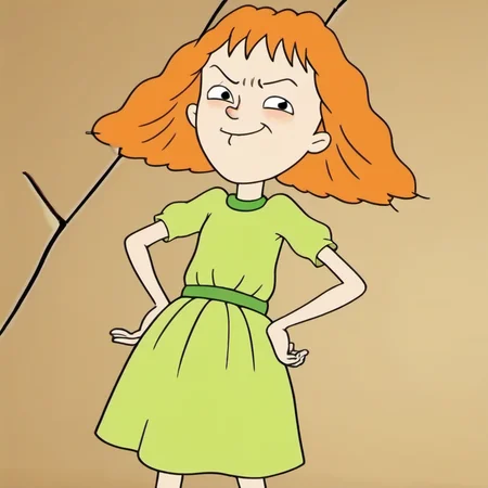 1girl, solo, sours1, dress, orange hair, smug, pout, looking at viewer hands, on hips, shoes, green dress, standing, <lora:sours1:1>,