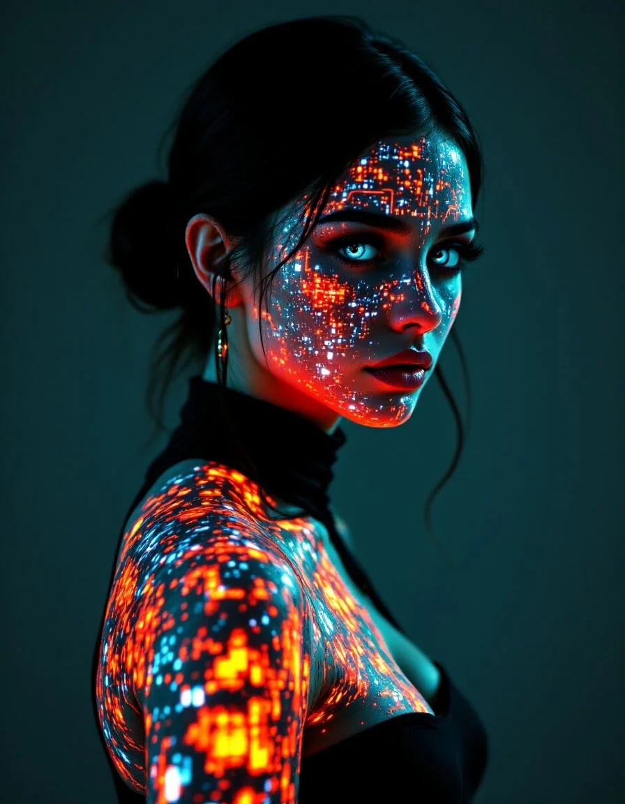 cybernetic style futuristic style Futurism Art Style, This is a high-resolution photograph of a woman with a striking, futuristic appearance. Her face and body are covered in a glowing, pixelated pattern of vibrant colors, including red, orange, yellow, green, blue, and white, which creates a mesmerizing, almost holographic effect. The colors are arranged in a complex, abstract design, with some areas of the pattern appearing more densely packed than others. Her skin is smooth and flawless, accentuated by the contrast of the glowing pixels.
The woman has a slender build and is wearing a form-fitting, black bodysuit that mirrors the pixelated pattern, seamlessly blending with the light show. Her dark hair is pulled back into a sleek, low bun, and her eyes are strikingly blue, complemented by thick, dark eyelashes. She has full, red lips that stand out against the colorful background.
The background is a dark, neutral color, which allows the glowing pixels to be the focal point. The lighting is soft but intense, casting shadows that enhance the depth and dimension of the image. The overall style of the photograph is modern and avant-garde, blending elements of technology and fashion into a visually stunning and thought-provoking composition. <lora:aidmaFLuxPro1.1_v0.3:1>, ((intricate details)), hdr, ((intricate details, hyperdetailed)), dynamic, dramatic, Futurism Art Style . sleek, modern, ultramodern, high tech, detailed . futuristic, technological, cybernetic enhancements, robotics, artificial intelligence themes