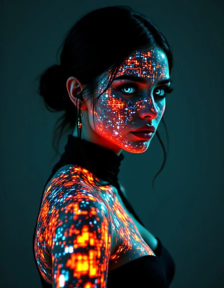 cybernetic style futuristic style Futurism Art Style, This is a high-resolution photograph of a woman with a striking, futuristic appearance. Her face and body are covered in a glowing, pixelated pattern of vibrant colors, including red, orange, yellow, green, blue, and white, which creates a mesmerizing, almost holographic effect. The colors are arranged in a complex, abstract design, with some areas of the pattern appearing more densely packed than others. Her skin is smooth and flawless, accentuated by the contrast of the glowing pixels.
The woman has a slender build and is wearing a form-fitting, black bodysuit that mirrors the pixelated pattern, seamlessly blending with the light show. Her dark hair is pulled back into a sleek, low bun, and her eyes are strikingly blue, complemented by thick, dark eyelashes. She has full, red lips that stand out against the colorful background.
The background is a dark, neutral color, which allows the glowing pixels to be the focal point. The lighting is soft but intense, casting shadows that enhance the depth and dimension of the image. The overall style of the photograph is modern and avant-garde, blending elements of technology and fashion into a visually stunning and thought-provoking composition. <lora:aidmaFLuxPro1.1_v0.3:1>, ((intricate details)), hdr, ((intricate details, hyperdetailed)), dynamic, dramatic, Futurism Art Style . sleek, modern, ultramodern, high tech, detailed . futuristic, technological, cybernetic enhancements, robotics, artificial intelligence themes