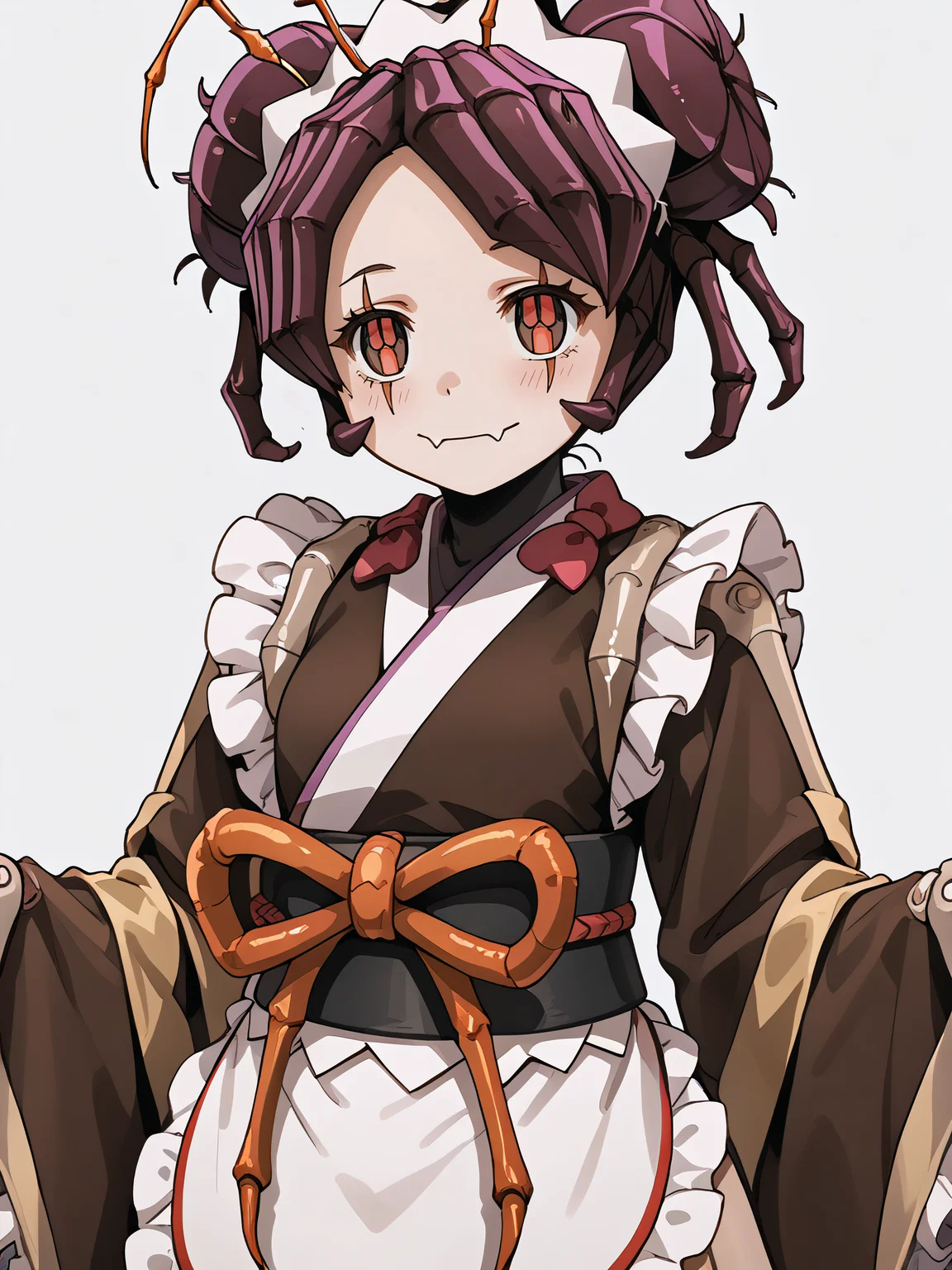 score_9, score_8_up, score_7_up, score_6_up, rating_explicit, source_anime, <lora:age_slider_v4:-1>, <lora:StS_PonyXL_Detail_Slider_v1.4_iteration_3:4>,cinematic shadow, perfect hands, character focus, detailed skins, standing, soft skins, cowboy shot, perfect curvy small breasts, <lora:StS_detail_slider_v1:3>, <lora:Entoma_r1:1>,entoma, monster girl, arthropod girl,skin fangs, purple hair, double bun, antennae entomadress,japanese clothes, maid headdress,ofuda on clothes, bow,frills, brown kimono, sleeves past fingers, wide sleeves, sash, obi, white apron, brown pantyhose, joints,