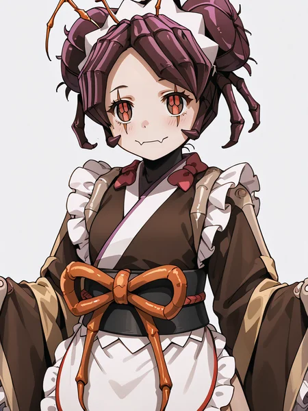 score_9, score_8_up, score_7_up, score_6_up, rating_explicit, source_anime, <lora:age_slider_v4:-1>, <lora:StS_PonyXL_Detail_Slider_v1.4_iteration_3:4>,cinematic shadow, perfect hands, character focus, detailed skins, standing, soft skins, cowboy shot, perfect curvy small breasts, <lora:StS_detail_slider_v1:3>, <lora:Entoma_r1:1>,entoma, monster girl, arthropod girl,skin fangs, purple hair, double bun, antennae entomadress,japanese clothes, maid headdress,ofuda on clothes, bow,frills, brown kimono, sleeves past fingers, wide sleeves, sash, obi, white apron, brown pantyhose, joints,