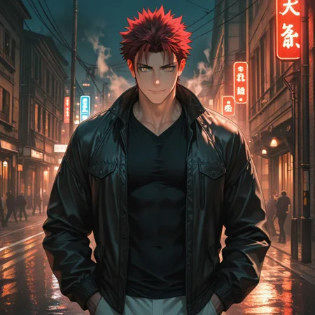 masterpiece, best quality, amazing quality, absurdres, newest, detailed background, definition so sharp, Ultra-HD, 8K cinematic, very awa, impressionate, amazing quality, highres, 
solo, male focus, manly, 
1boy, spiked hair, short hair, mikoto_red hair, mikoto_yellow eyes, mikotosuoh, open jacket, black shirt, smoke, urban setting, night, streetlights, subtle glow, predatory gaze, muscular, standing, hands in pockets, looking at viewer, calm expression, slight smile,