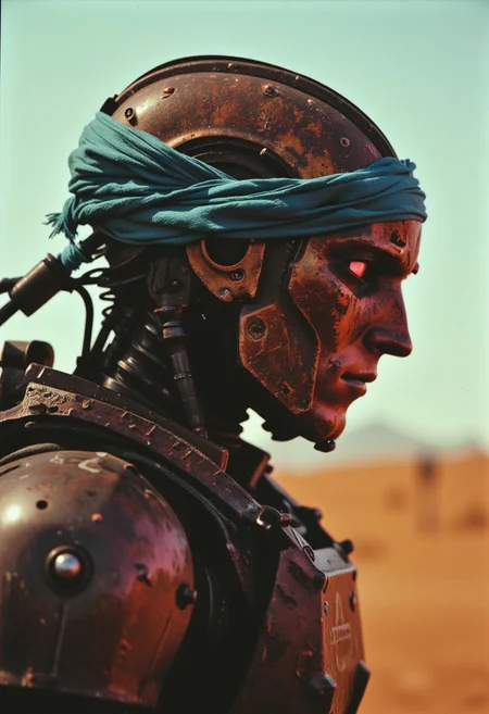 A close-up, atmospheric profile view of a desolate, menacing robot reveals the gritty details of its battle-worn exterior. The robot's dented, rusted metal surface, scarred by countless encounters, catches the dim, moody light of a dusty desert under a scorching sun. A faded, tattered blue headband clings to its head, weathered and frayed from harsh battles, fluttering faintly in the dry wind. Its glowing red eye gleams coldly, piercing through the haze with a dangerous, unyielding determination. The washed-out neon hues of pink, green, and blue give the profile a surreal edge, casting eerie shadows across the robot’s face, which speaks of an untamed, relentless strength forged in the heart of a harsh wasteland.