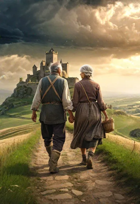 Masterpiece, hd, 8K, Fantasy art, award winning drawing of a old male farmer and a old female farmer in a windy landscape helping each other walking, rugged clothes romantic, storm in background, back view, intricate details, ancient castle in the distance