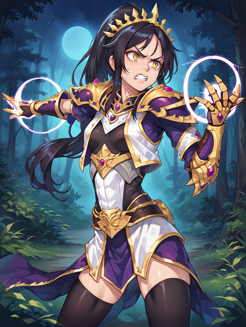 score_9, score_8_up, score_7_up,source_anime,BREAK,
solo, li-ming, (purple dress:0.7), black hair, ponytail, black thighhighs,  yellow eyes,  crown, tiara,
armor, shoulder armor, gauntlets, cropped jacket,  fighting stance, 
(annoyed:0.7), 
casting spell, sweat, clenched teeth, magic, forest, night, outstretched arms, 
<lora:li-ming:1>