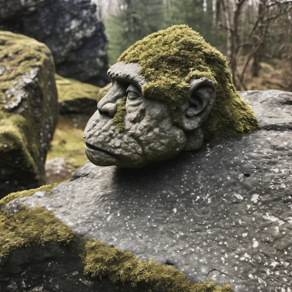 cinematic epic realistic photo,  cinematic film still fantasy monumental  troll stone sculpture, huge muscular, cracked eroded, layered, pbr texture dark sandstone old stone, scratched, erosion, layered, cracked,  mold, simple plain background  <lora:Sandstoneold-SDXL:1.45> mossy . shallow depth of field, vignette, highly detailed, high budget Hollywood movie, bokeh, cinemascope, moody, epic, gorgeous, film grain, grainy, photorealism, golden hour, Crewson style shadowing, 8k resolution, analog color kodak, film grain, neutral colors,