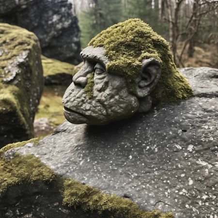 cinematic epic realistic photo, cinematic film still fantasy monumental troll stone sculpture, huge muscular, cracked eroded, layered, pbr texture dark sandstone old stone, scratched, erosion, layered, cracked, mold, simple plain background <lora:Sandstoneold-SDXL:1.45> mossy . shallow depth of field, vignette, highly detailed, high budget Hollywood movie, bokeh, cinemascope, moody, epic, gorgeous, film grain, grainy, photorealism, golden hour, Crewson style shadowing, 8k resolution, analog color kodak, film grain, neutral colors,
