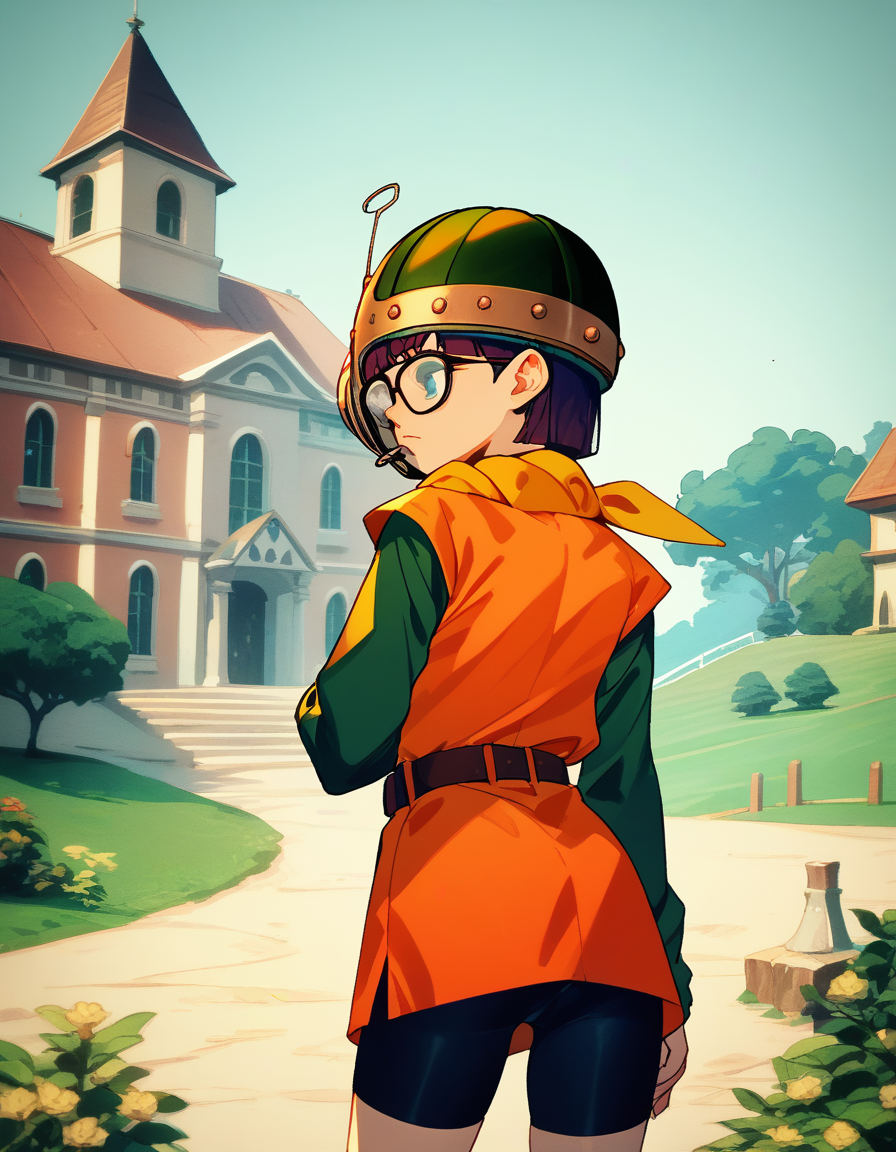 score_9, score_8_up, score_7_up, score_6_up, score_5_up, score_4_up
<lora:chrono-trigger-ponyxl-000027:1> lucca, glasses, scarf, helmet, belt, orange shirt, green sleeves, short over long sleeves, bike shorts
analog photo, from behind, twisted torso, head tilt, looking at the viewer, outside, near an old wooden mansion, selective focus, colorful polaroid with vibrant colors, dramatic, high contrast, high saturation, film grain