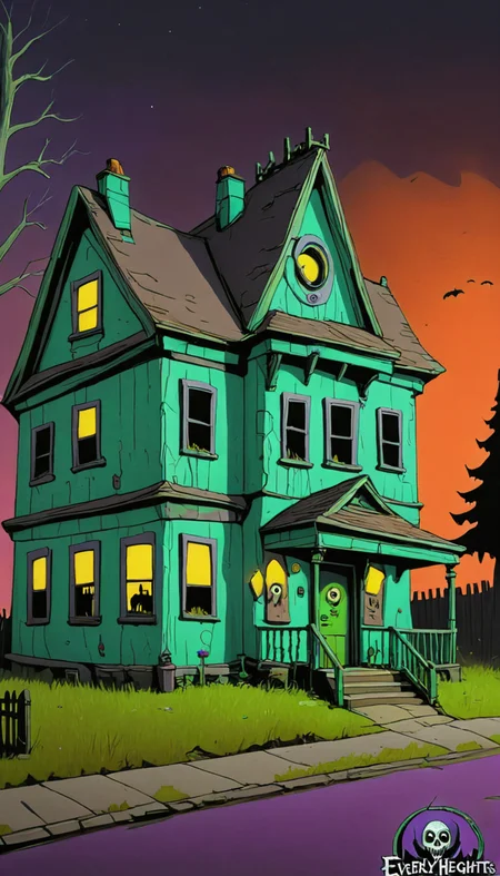 <lora:Everly_Heights_Backgrounds_New_Settings:1> A creepy haunted house with the Mystery Machine parked out front, a painting, background art, horror. There's an Everly Heights Logo watermark in the corner.