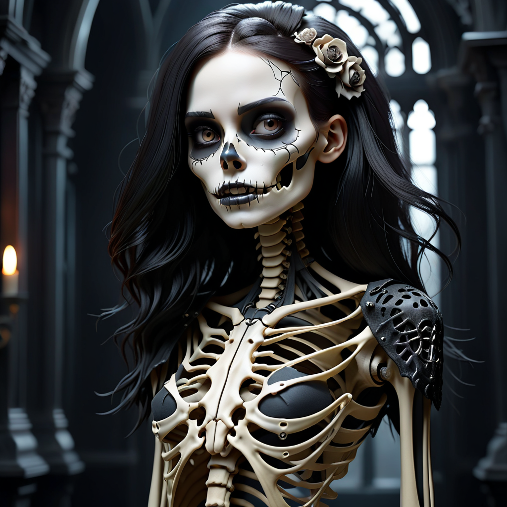 intricate ohoto of a skeleton girl, vampire clothing, cyberpunk style, gothic art