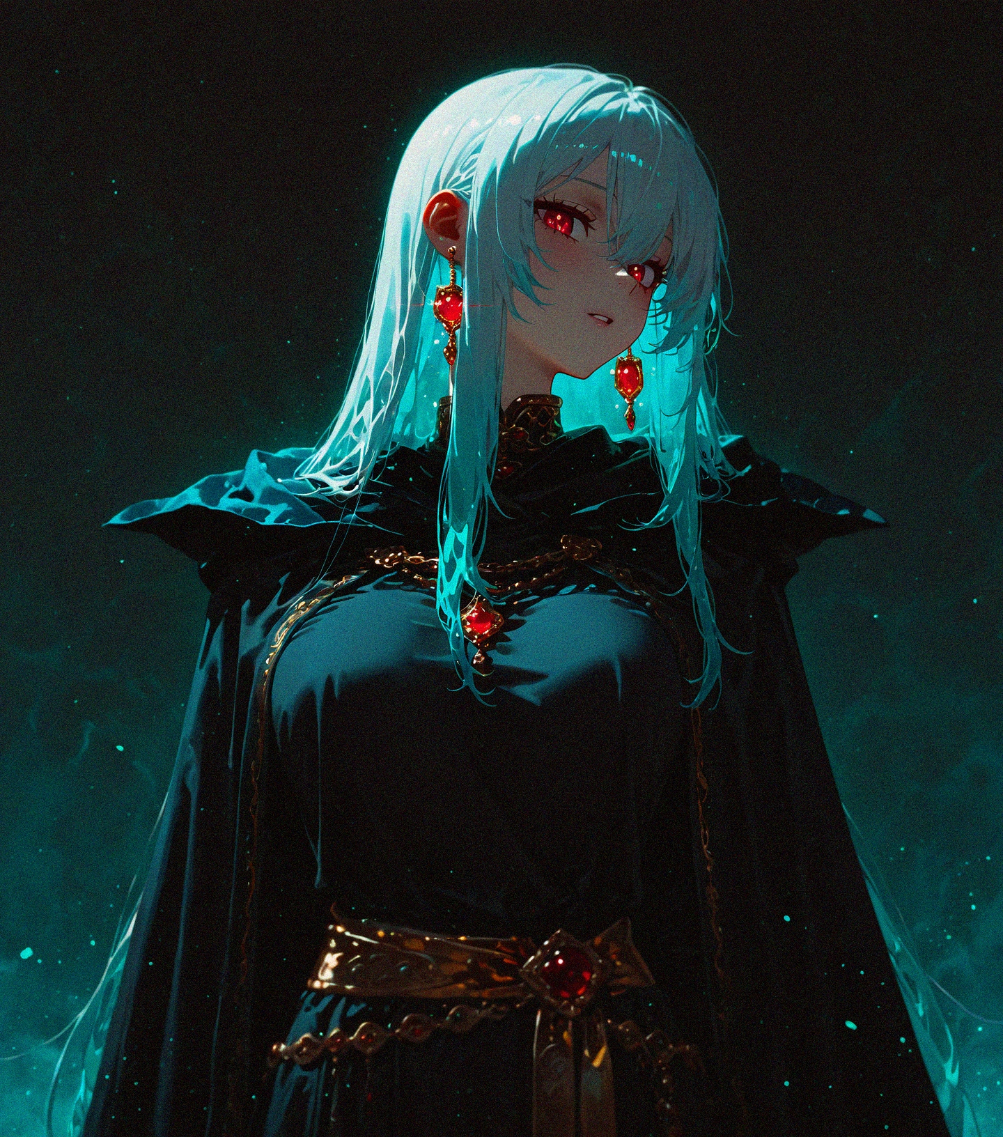 masterpiece, best quality, amazing quality, <lora:DarkFantasy_v3_Buns:0.55>, Black cloak, golden sash, tied-back white hair, glowing teal earrings, masterpiece, best quality, amazing quality