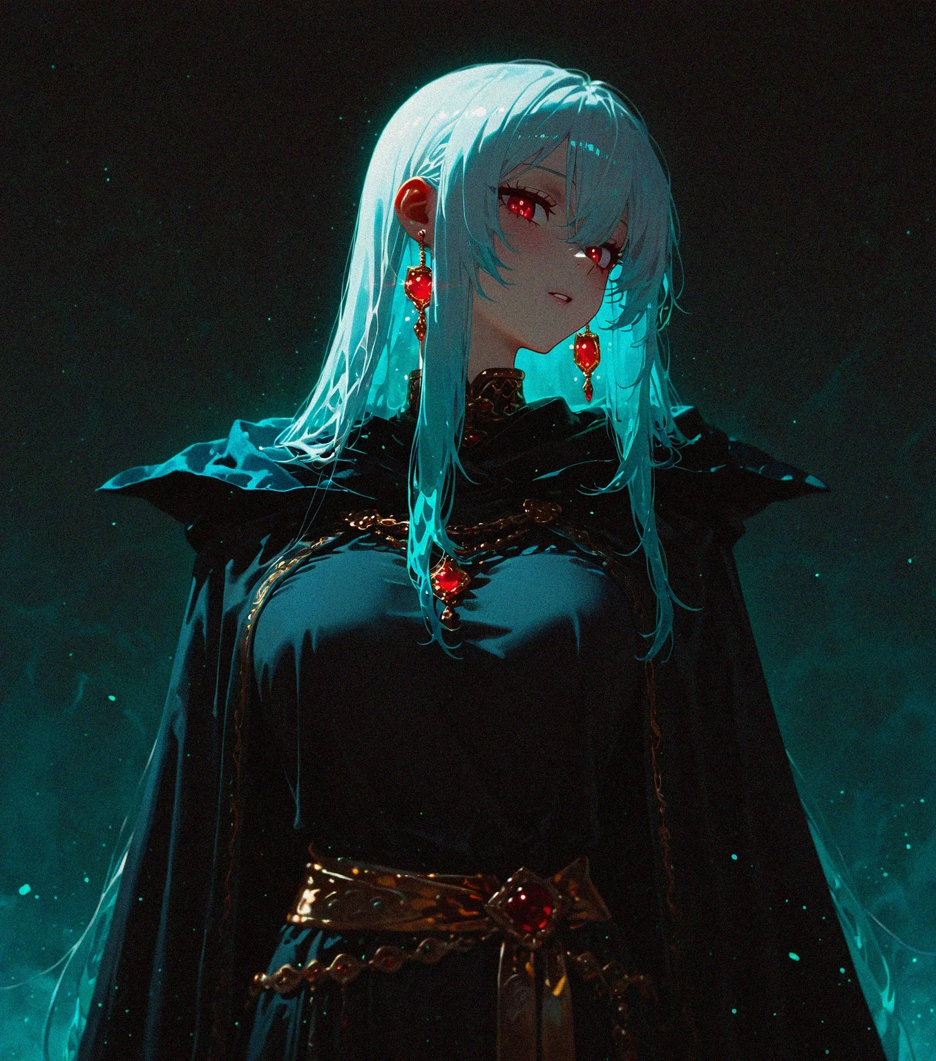 masterpiece, best quality, amazing quality, <lora:DarkFantasy_v3_Buns:0.55>, Black cloak, golden sash, tied-back white hair, glowing teal earrings, masterpiece, best quality, amazing quality