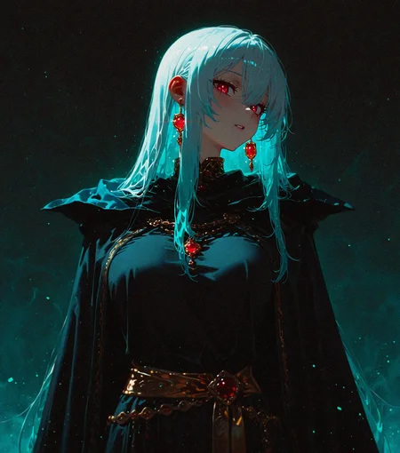 masterpiece, best quality, amazing quality, <lora:DarkFantasy_v3_Buns:0.55>, Black cloak, golden sash, tied-back white hair, glowing teal earrings, masterpiece, best quality, amazing quality