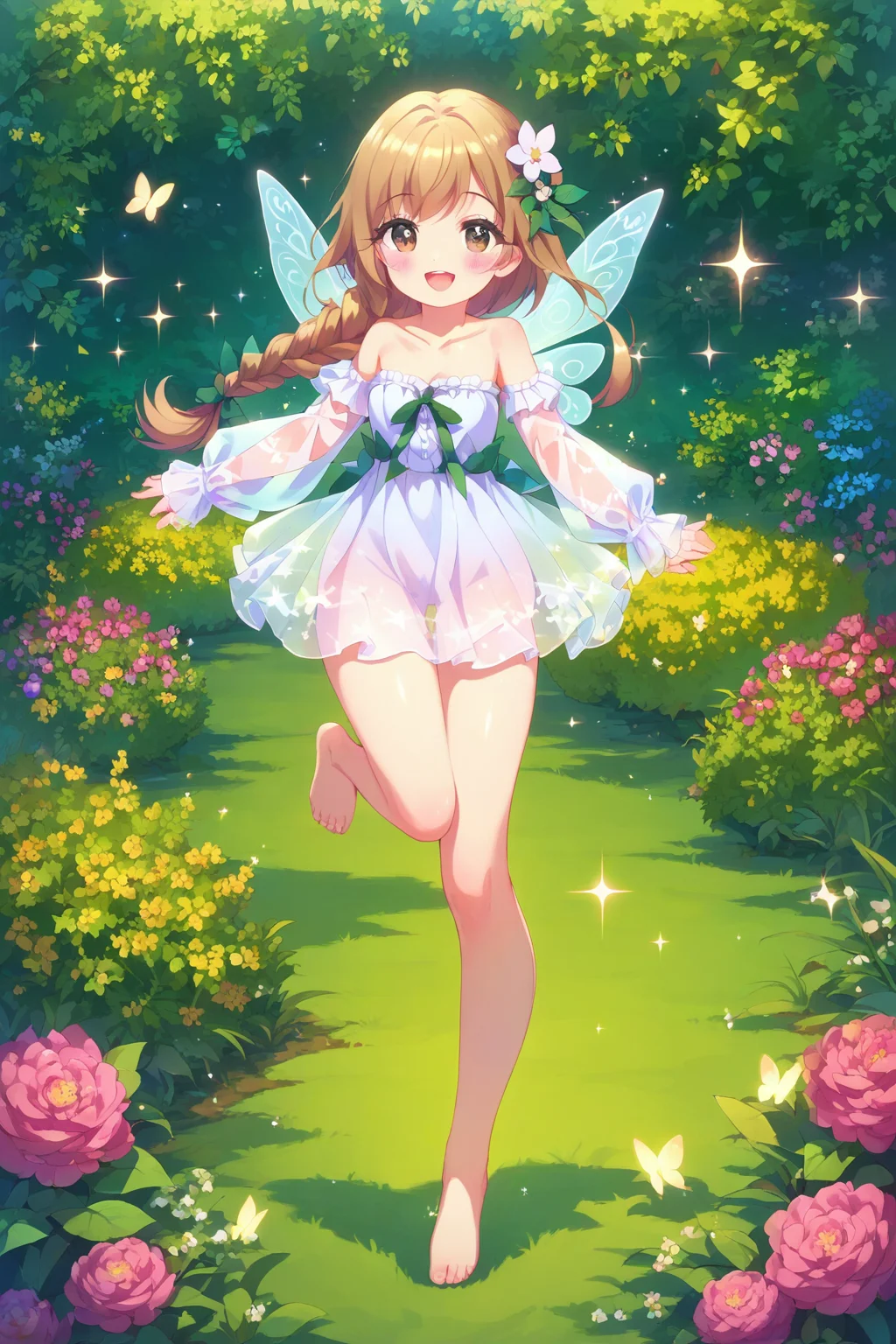 score_9, score_8_up, score_8, <lora:100Kanojo:0.9>, 1girl, solo, wings, long hair, smile, open mouth, hair ornament, barefoot, looking at viewer, flower, single braid, dress, black eyes, :d, hair flower, fairy wings, butterfly wings, insect wings, detached sleeves, bare shoulders, sparkle, full body, blush, frills,bow, hair bow, collarbone, brown eyes, see-through, see-through sleeves, jumping, garden,