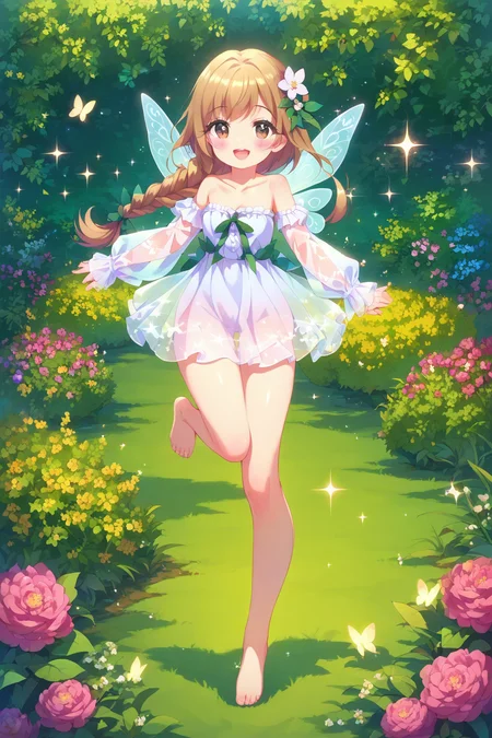 score_9, score_8_up, score_8, <lora:100Kanojo:0.9>, 1girl, solo, wings, long hair, smile, open mouth, hair ornament, barefoot, looking at viewer, flower, single braid, dress, black eyes, :d, hair flower, fairy wings, butterfly wings, insect wings, detached sleeves, bare shoulders, sparkle, full body, blush, frills,bow, hair bow, collarbone, brown eyes, see-through, see-through sleeves, jumping, garden,