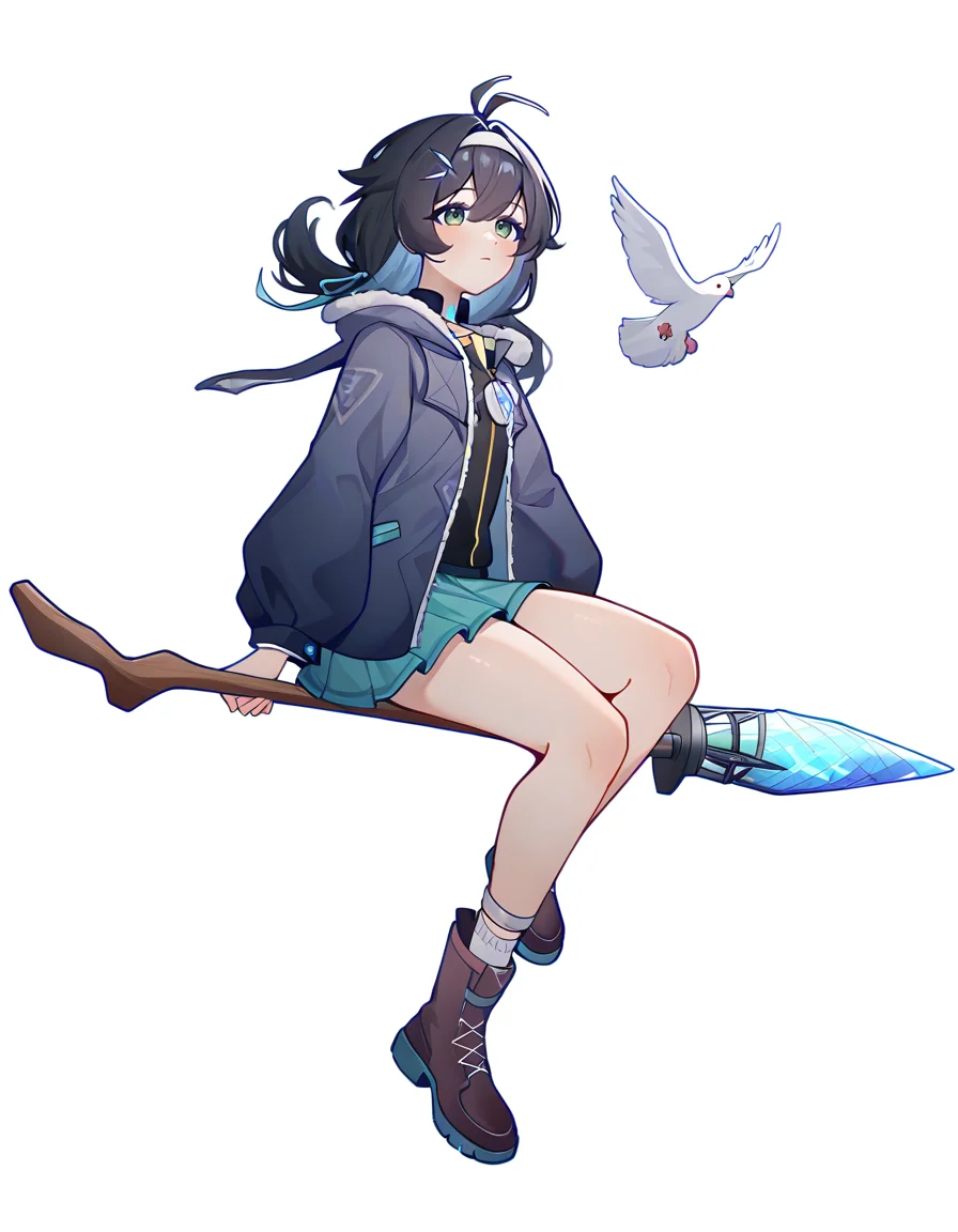 <lora:faniya_noob2>,faniya,1girl,solo,anotherstyle3,2dfaniya,bird,green eyes,skirt,fur trim,green skirt,white background,black hair,simple background,boots,full body,brown footwear,broom riding,jacket,long hair,weapon,ribbon,fur-trimmed jacket,ahoge,dove,hood,hair ribbon,bangs,broom,pleated skirt,staff,
masterpiece,best quality,very aesthetic,absurdres,