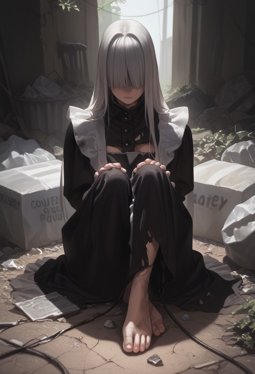 abbystea style, detailed,masterpiece,score_9,score_8_up,score_7_up,score_6_up,1girl,female, solo,anime,white hair, long hair,blue eyes,(glowing eyes:0.5),metal skin,wire,(cracked skin),melancholy,joints,android,mechanical parts,dark,sitting,trash bag,trash,slums,dirty,clutter,sad,barefoot,poverty,catharsis,cracked face, fullbody, sunlight,black dress, maid outfit, puffy sleeves,source_anime, outdoors, sad face, close up, ripped clothes, large breasts, hands, wires, clothing cutout, postapocalypse, greenery, covered eyes, mole under eye, mole under mouth