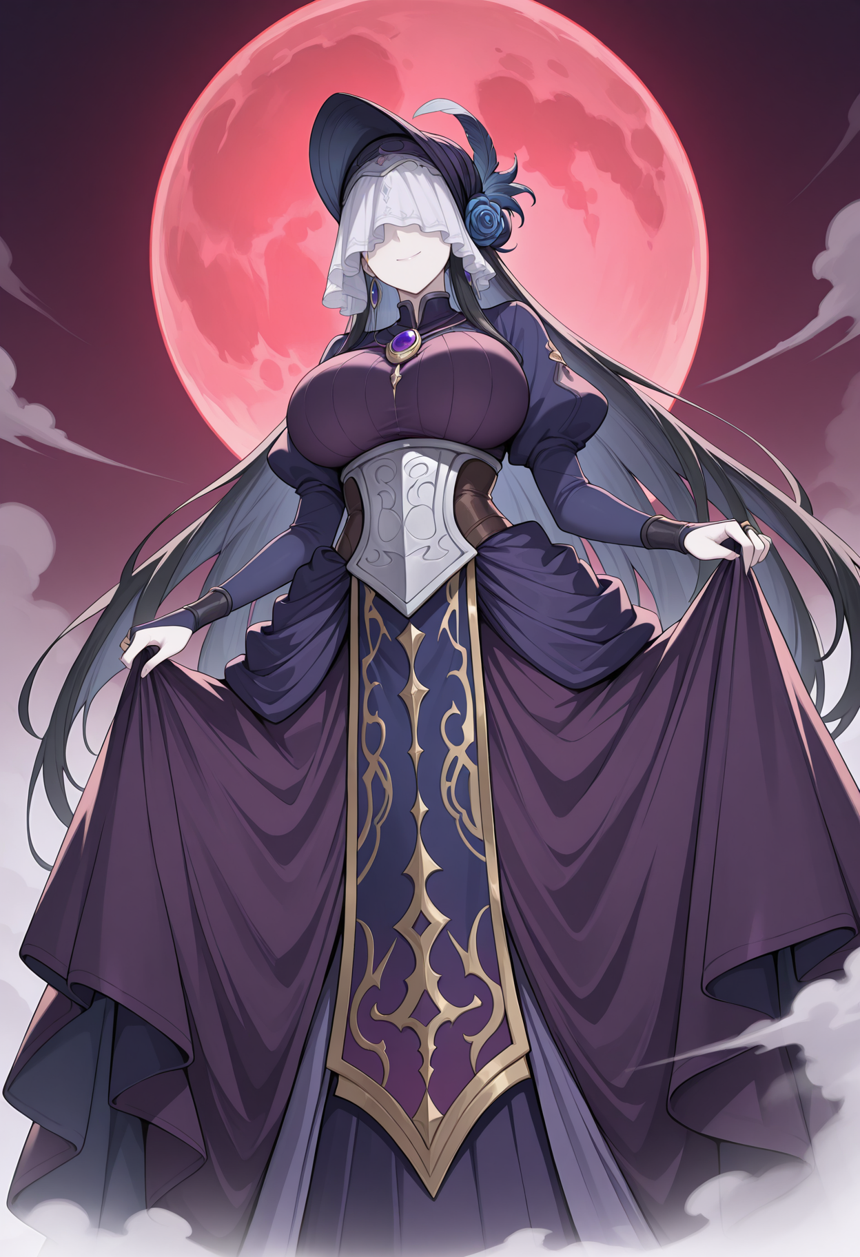 night sky, fog, red moon, full moon,celestegbf, black hair, very long hair, pale skin, large breasts,dark purple dress, blue sleeves, covered eyes, hat, hat feather, veil, blue rose, brooch, jewelry, puffy long sleeves, bridal gauntlets, long dress, tabard,smile, skirt hold, from below, <lora:_celeste_granblue-elesico-ilxl-000012:1> highres, best quality, masterpiece,
1girl, solo,
