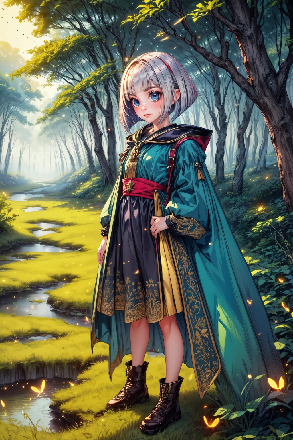(high resolution), (fantasy:1.0), 1girl, flowing dress, standing by a magical forest, looking at the viewer, fireflies in the enchanted woods, ((best quality, masterpiece, extreme details):1.2) ((detailed eyes, detailed face):1.2), <lora:add_detail:1> <lora:backlight_slider_v10:1> <lora:eye_size_slider_v1:2> <lora:eyebrows_slider_v2:3> <lora:age_slider_v2:-3> <lora:sliced_bob-2.0:0.8> sliced bob