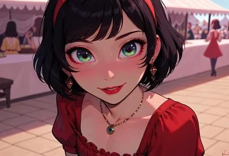 1boy, a femboy posing in an outdoor market,
masterpiece, best quality, highly detailed, score_9, score_8_up, score_7_up, g4n1m3, source_cartoon, eye_focus, close-up, solo,
otoko no ko, 18 years old, (tiny breasts), (petite body), cute, pretty kawaii femboy, young, cute face, green eyes, (black hair), bob cut, red hairband, earrings, red lipstick, perfect figure, narrow waist, red sundress, white polka dots, black pantyhose, black high heels, gold necklace,
Expressiveh, smiling, contrapposto,
outdoor market, dappled light, people in background, market stalls,
dynamic light, sunny scene, vibrant colors, warm_colors, soft focus, high contrast, textured surfaces, depth of field, dramatic shadows, rich details, warm color palette, cinematic composition,